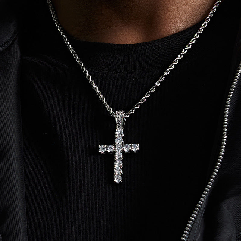 Hip‑Hop Full‑Paved Diamond Cross Pendant Necklace, Retro Rope Chain Unisex Choker