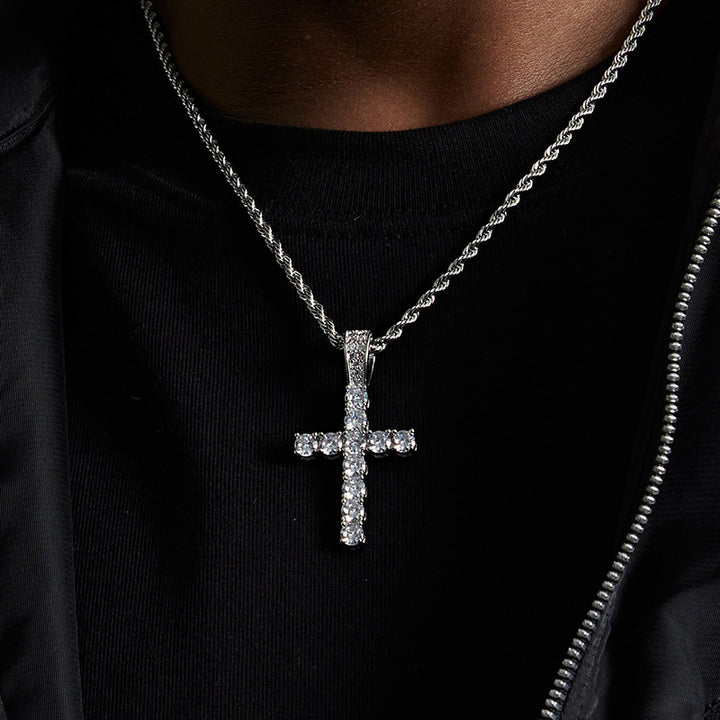 Hip‑Hop Full‑Paved Diamond Cross Pendant Necklace, Retro Rope Chain Unisex Choker