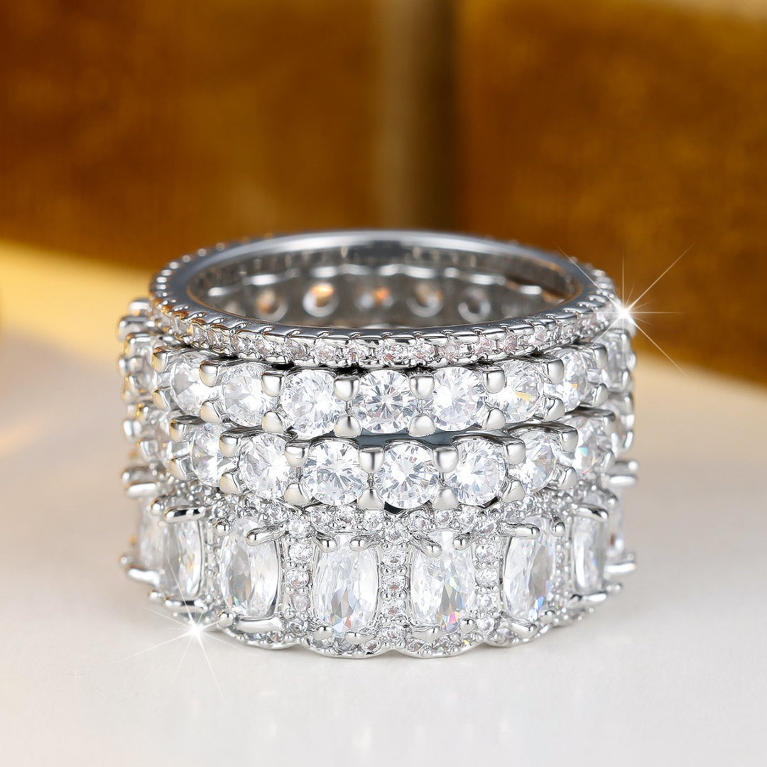 Women 4 Piece Eternity Stackable Ring Set Round Oval Diamond Full Band Statement Wedding Bridal Stacking Jewelry Gift