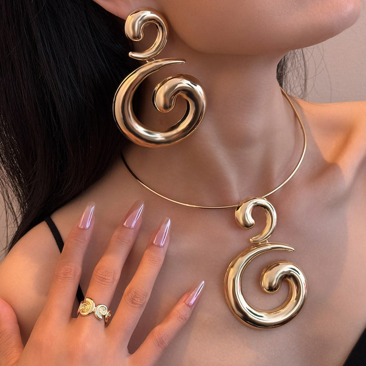 Abstract Spiral Jewelry Set Statement Necklace Earrings Open Ring 3 Pieces Set