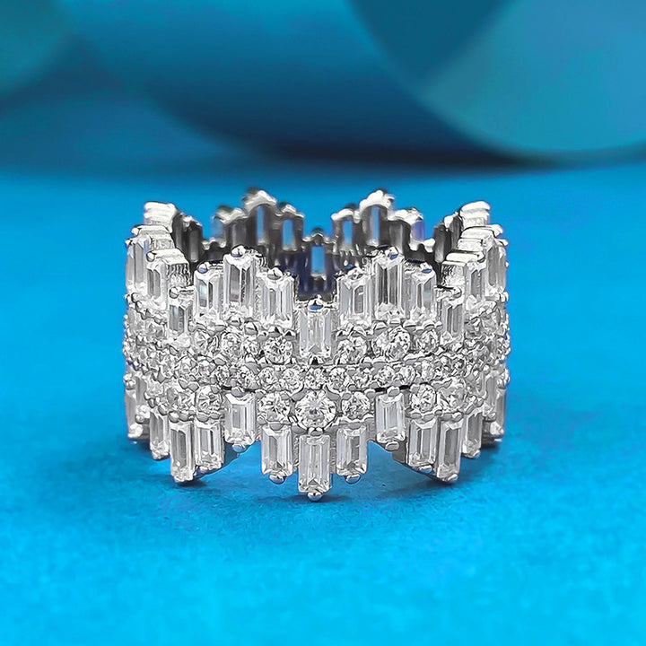 Baguette & Round‑Cut Diamond Wavy Wide Band Ring Heavy‑Set Open‑Work Luxury Ring