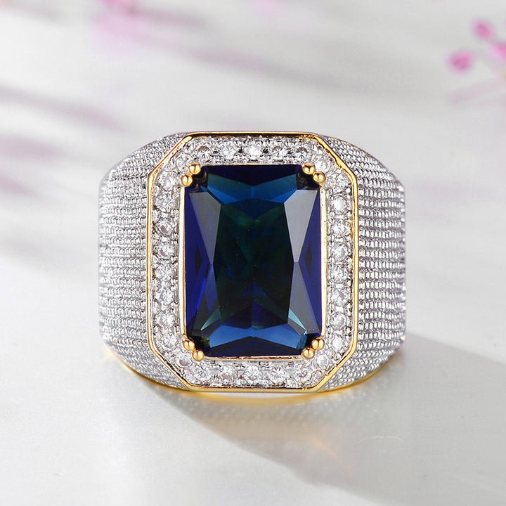 Vintage Square Sapphire Men's Ring Pave‑Set Diamond Two‑Tone Heavy‑Weight Band