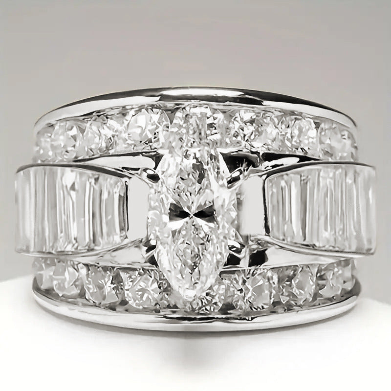 Marquise Center Stone Multi Layer Wide Band Sterling Silver Ring Baguette Diamond Unisex Ring