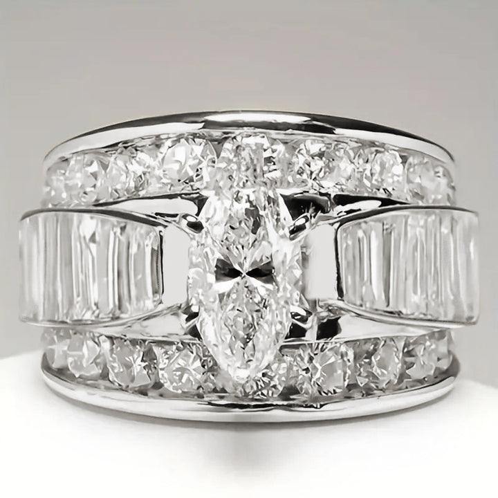 Marquise Center Stone Multi Layer Wide Band Sterling Silver Ring Baguette Diamond Unisex Ring