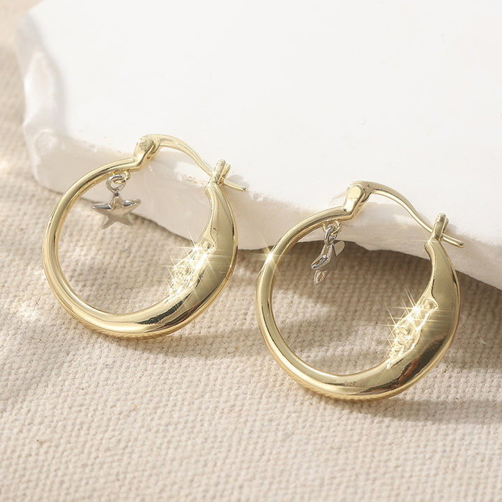 Moon Face Star Hoop Earrings Women Two Tone Crescent Celestial Statement Earrings