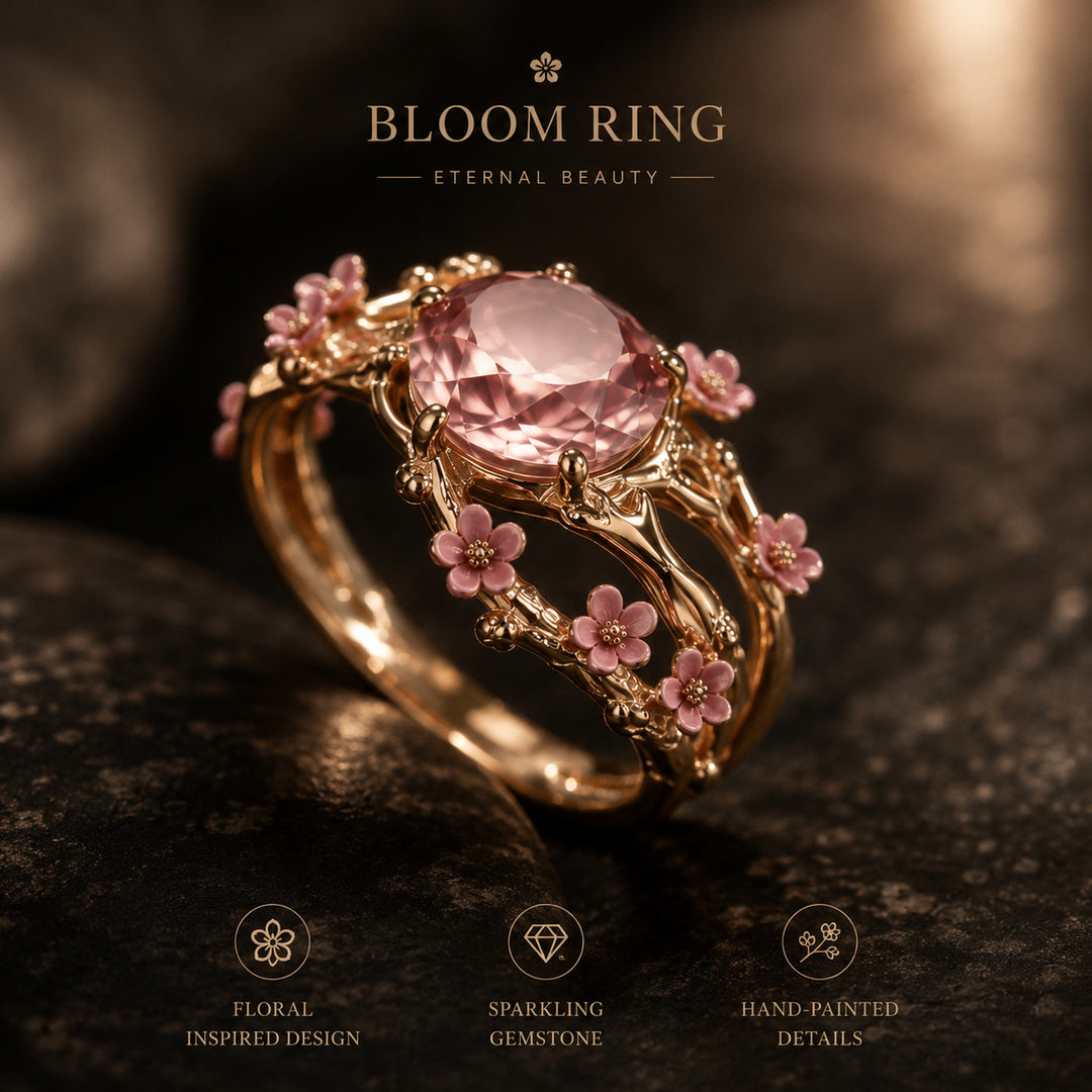 Pink Diamond Cherry Blossom Branch Ring Women Nature Inspired Vintage Flower Cocktail Ring
