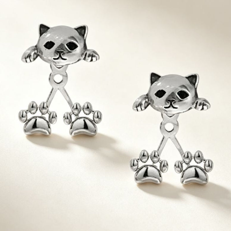 Cute Cat And Paw Front Back Style Fun Earrings