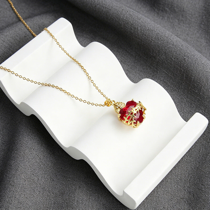 Red Heart Pendant Necklace Women Gold Crystal Wing Charm Diamond Elegant Jewelry Gift