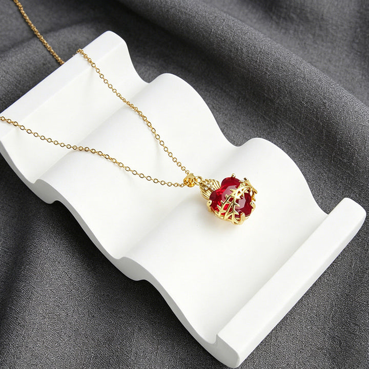 Red Heart Pendant Necklace Women Gold Crystal Wing Charm Diamond Elegant Jewelry Gift