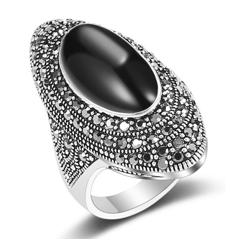 Vintage Oval Black Gemstone Paved Diamond Ring Antique Finish Statement Sterling Silver Ring