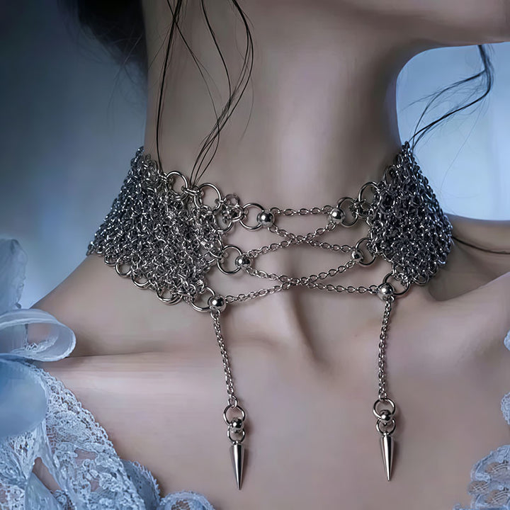 Multi‑Layer Woven Chain Spike Pendant Choker Punk Subculture Stylish Women Choker Necklace