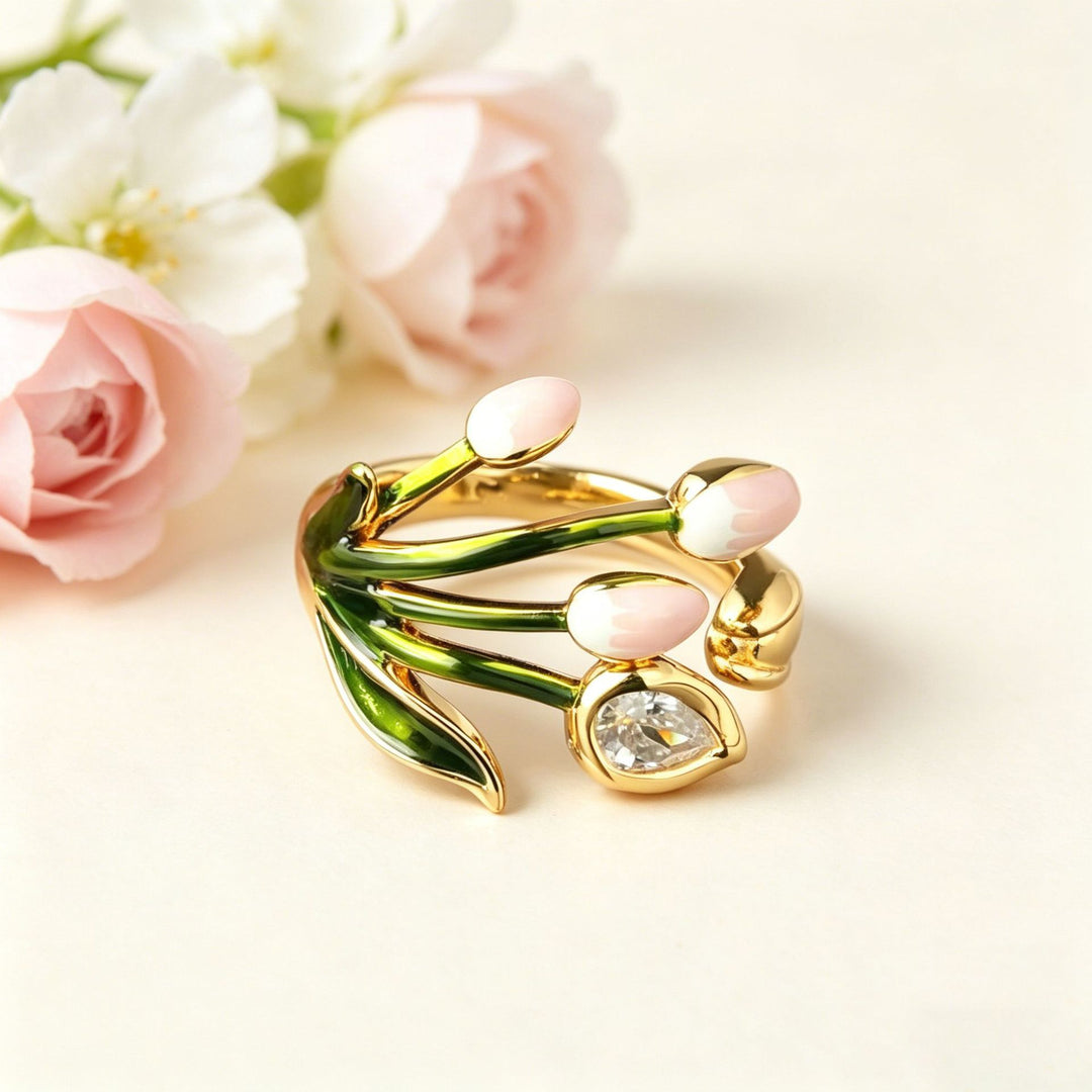Enamel Tulip Flower Open Ring Women Green Stem Pink Bud Botanical Diamond Statement Ring