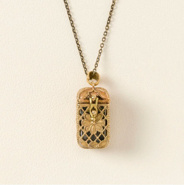 Vintage Floral Hollow Locket Openable Pendant Necklace, Storage Locket with Mini Tarot Cards