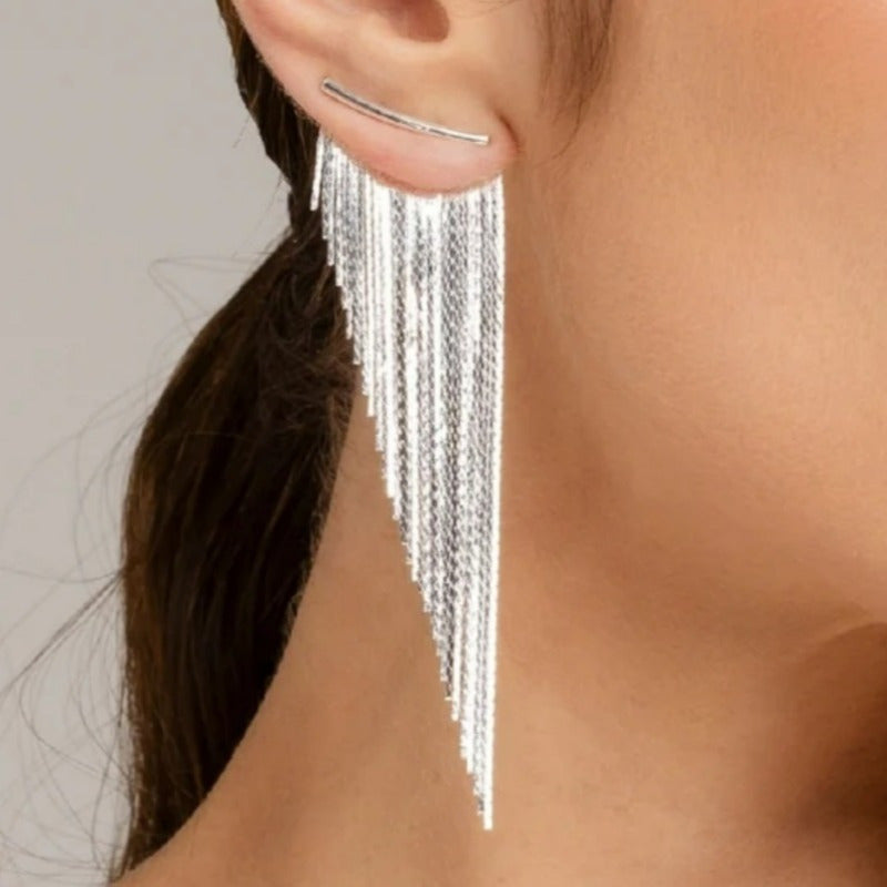 Sterling Silver Ear Post Long Tassel Earrings Atmospheric Slanted Metal Chain Drop Earrings Silver Gold Ambience Dangle Earrings