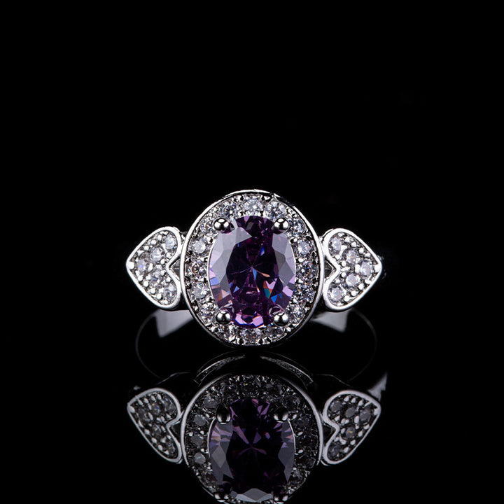 Oval Purple Diamond Halo Ring Women Heart Shank Silver Engagement Promise Ring Vintage Birthstone Cocktail Ring Gift