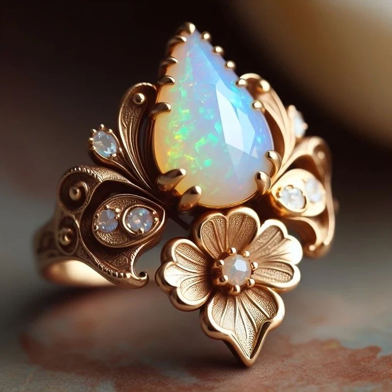 Pear Opal Vintage Floral Ring Women Art Nouveau Rose Gold Leaf Carving Cocktail Ring