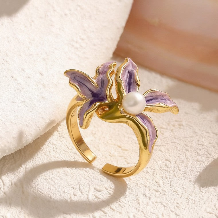 Purple Orchid Flower Ring Women Enamel Pearl Adjustable Open Gold Floral Ring