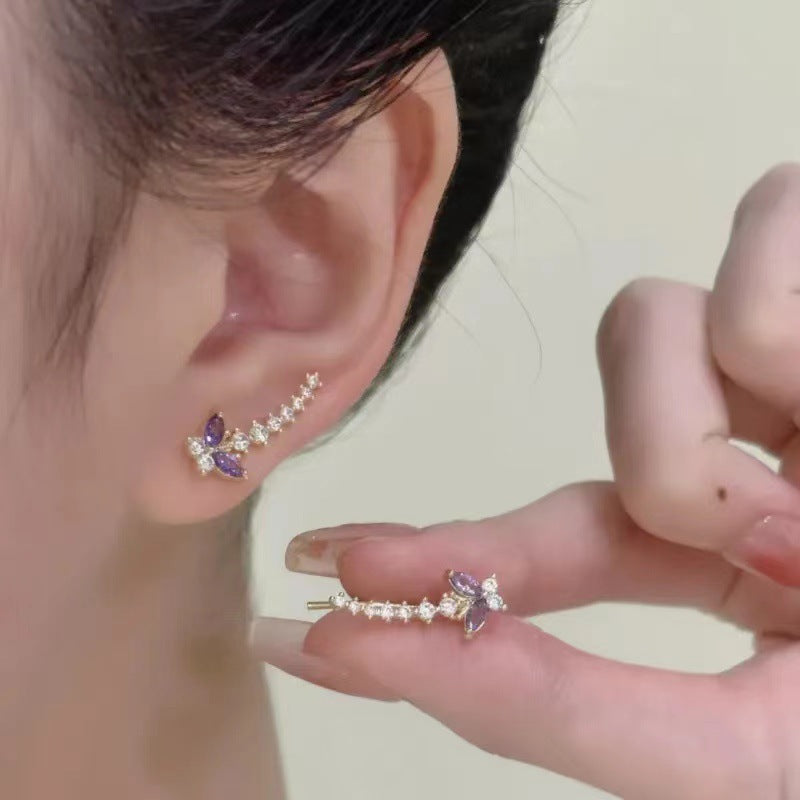 Women Butterfly Crawler Earrings Linear Climber Ear Cuff Sparkling Stone Dainty Statement Wedding Bridal Party Fashion Jewelry Gift