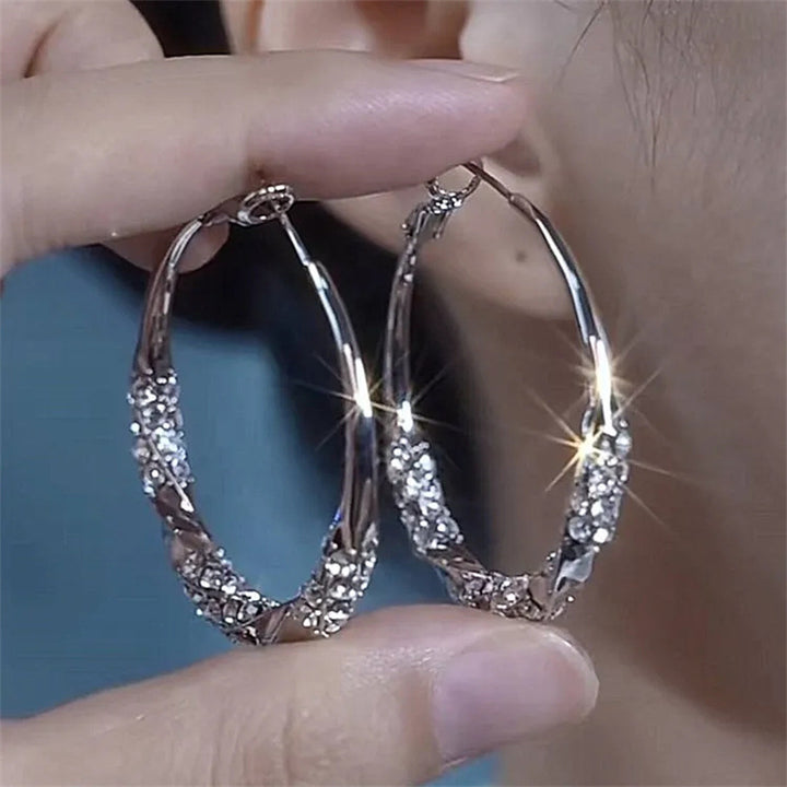 Silver Diamond Hoop Earrings Women Twisted Big Circle Sparkling Dazzling Jewelry Gift