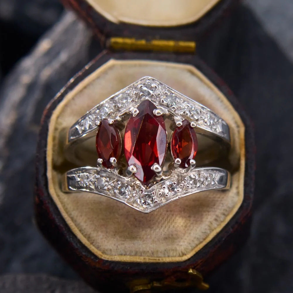 Red Ruby Marquise Three Stone Ring Women Vintage Art Deco Silver Engagement Cocktail Ring