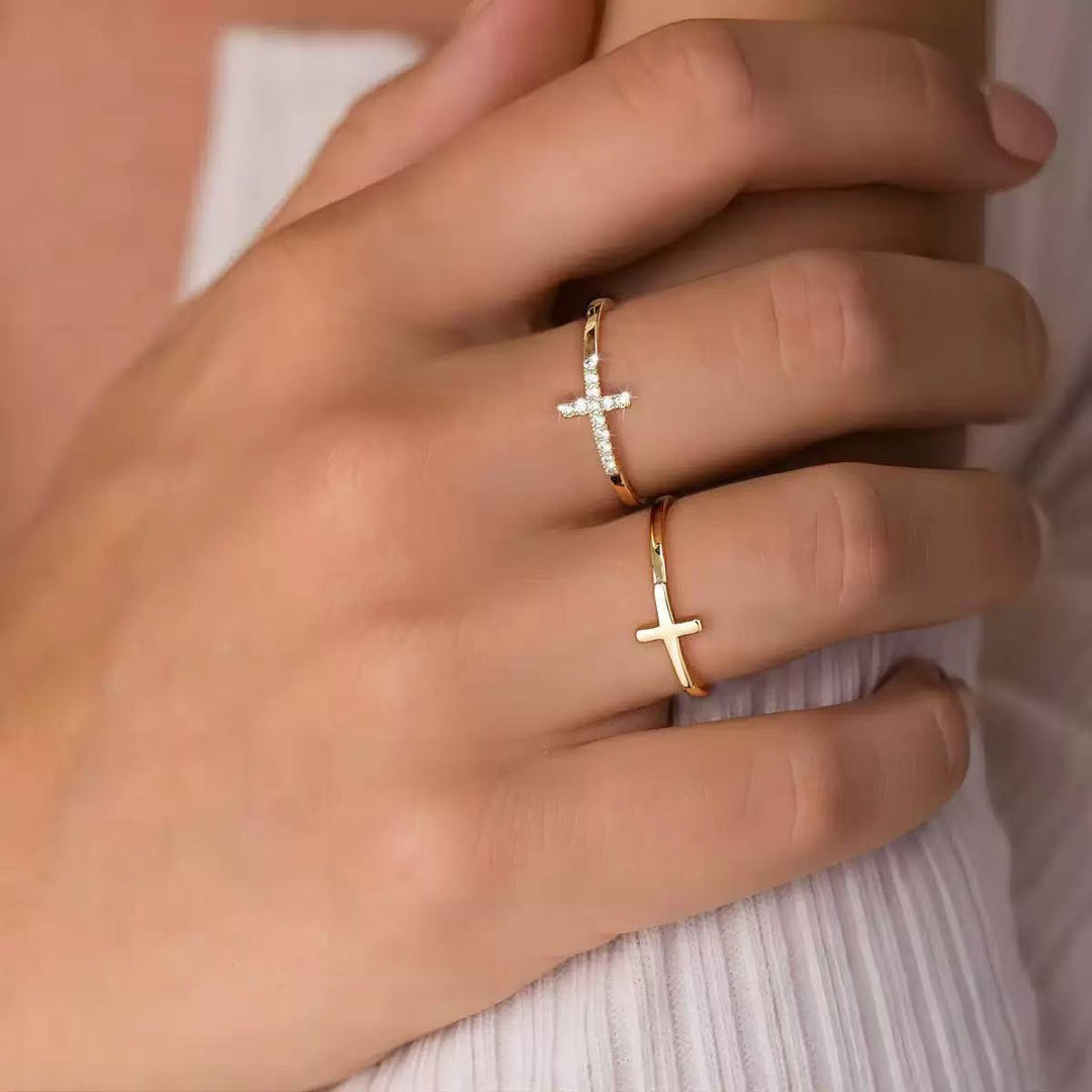 Cross Stackable Ring Set For Women Dainty Minimalist Diamond Band Two Piece Rings Religious Daily Jewelry