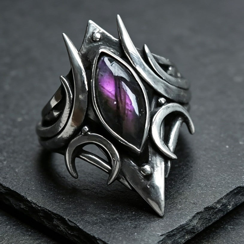 Gothic Witchy Marquise Purple Gem Statement Ring Solid Sterling Silver Vintage Crescent Moon Armor Style Cocktail Ring