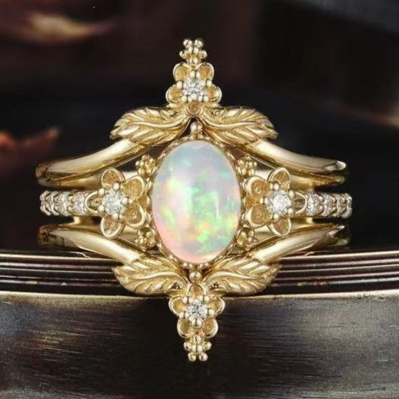 Opal Oval Diamond 3 Piece Stackable Ring Set Women Vintage Floral Leaf Botanical Stacking Rings