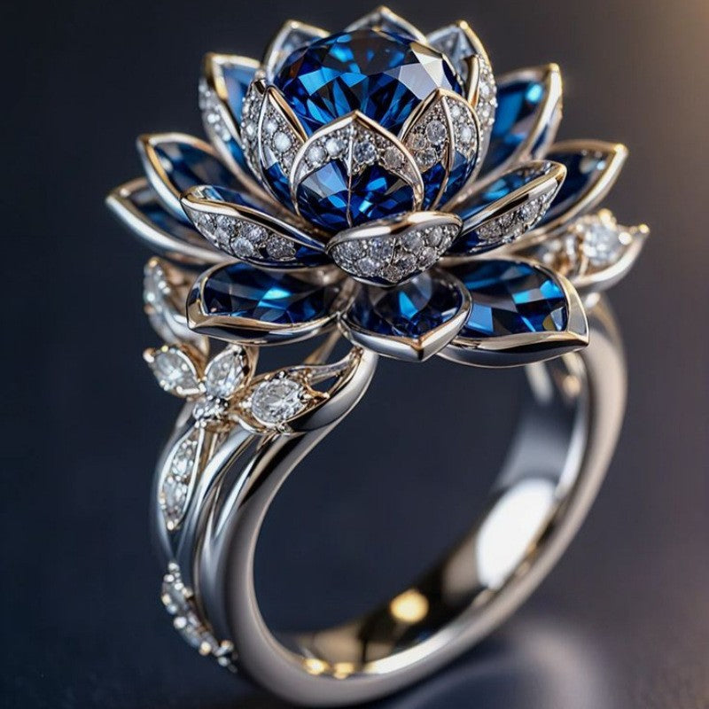 Sapphire Blue 3D Lotus Flower Statement Ring Women Vintage Floral Cocktail Ring Diamond Accent