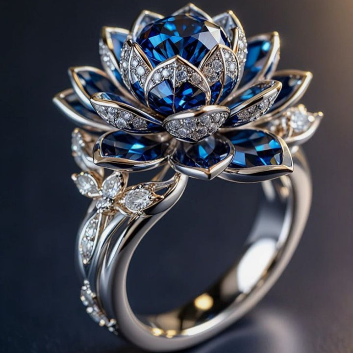 Sapphire Blue 3D Lotus Flower Statement Ring Women Vintage Floral Cocktail Ring Diamond Accent