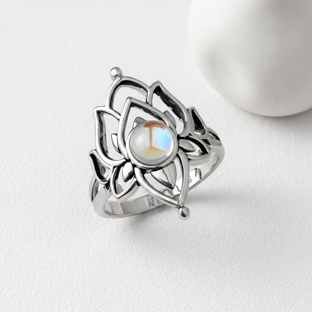 Open‑Work Lotus Moonstone Women Ring, Elegant Boho‑Chic Floral Band