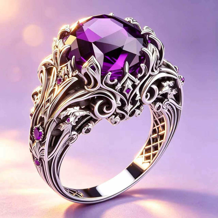 Vintage Gothic Oval Purple Gemstone Statement Ring Solid Sterling Silver Diamond Accent Ornate Filigree Cocktail Ring