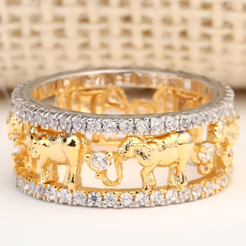Open‑Work 3D Elephant Relief Wide Full‑Pave Sterling Silver Ring Ethnic Style Statement Band