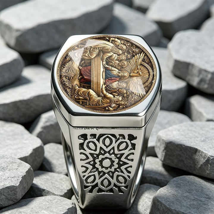 Religious Faith Signet Ring Hollow Pattern Band Vintage Spiritual Statement Ring For Men