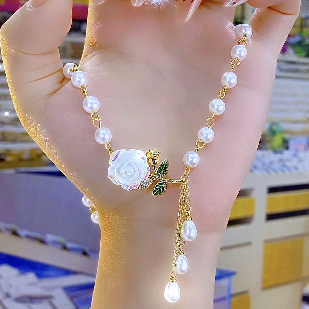 Vintage Rose Tassel Pearl Necklace Elegant Women Chain Wedding Party Statement Jewelry