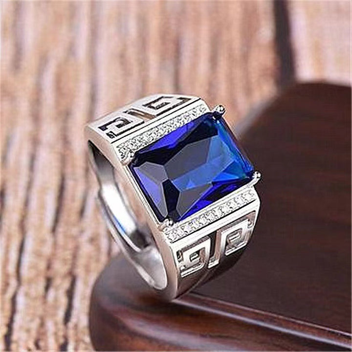 Adjustable Open‑Band Hollow Greek‑Key Men’s Ring Wide Band With Gem & Diamond Accent