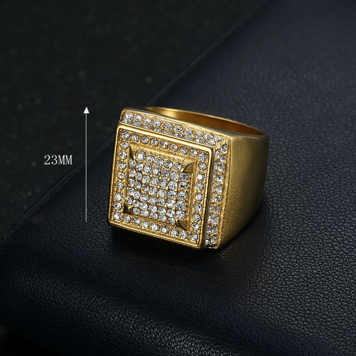 Men's Square Signet Ring Pave Diamond Wide Band Hip Hop Pinky Ring Gold Silver Two Tone