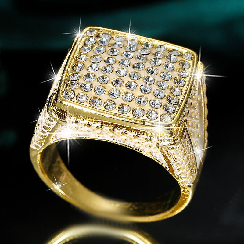 Men's Square Signet Pinky Ring Wide Band Pave Diamond Gold Hip Hop Statement Ring