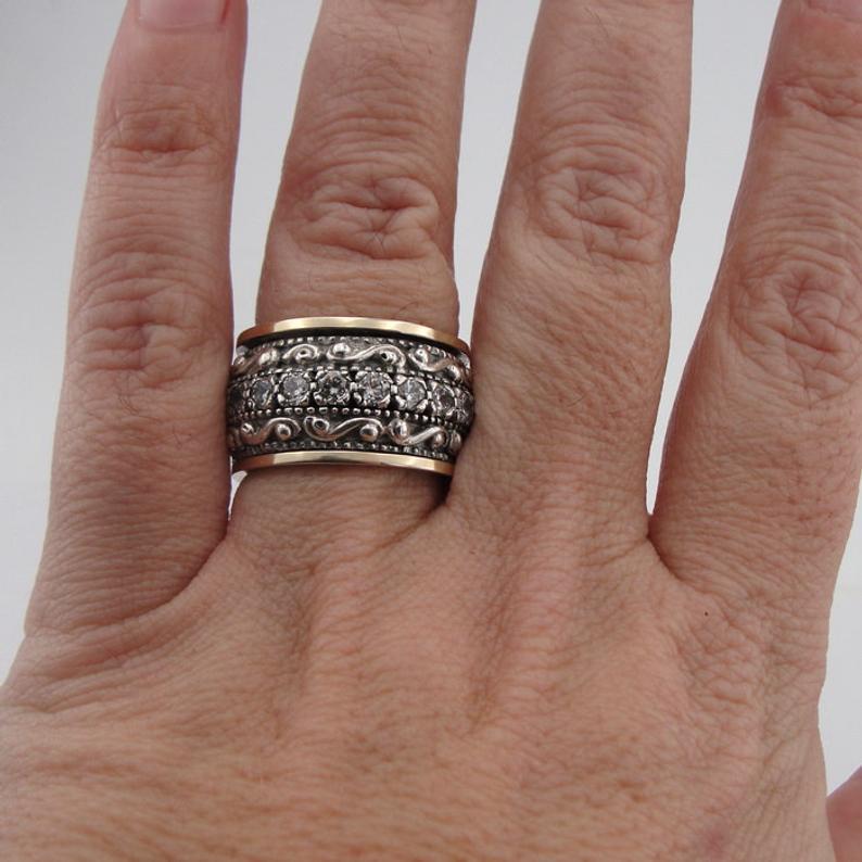 Vintage Engraved Wide Spinner Ring Two‑Tone Mixed‑Metal Unisex Ring