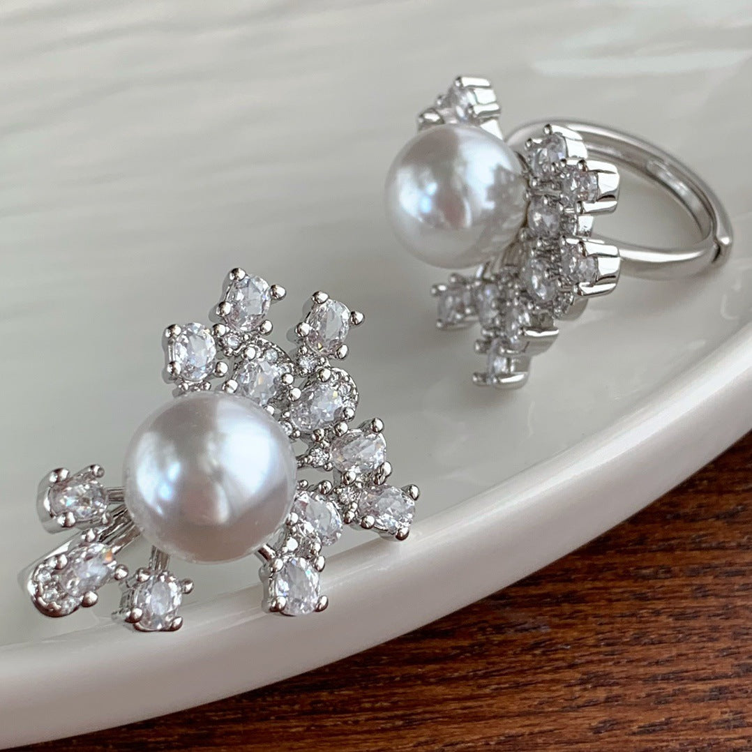Sterling Silver Pearl Diamond Snowflake Statement Open Ring Luxury Round Pearl Cocktail Ring