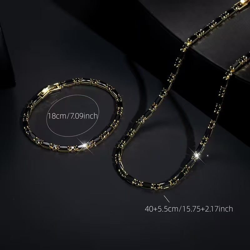 Hip Hop Black Diamond Tennis Jewelry Set, 18K Gold Sterling Silver Necklace And Bracelet Set