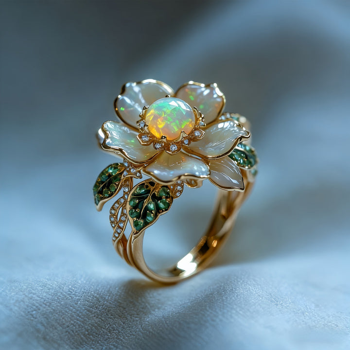 Opal Flower Ring Women Mother of Pearl Petal Emerald Leaf Gold Nature Bloom Cocktail Ring