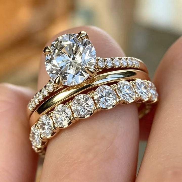 Three Piece Diamond Ring Set Women Solitaire Eternity Bands Gold Silver Luxury Bridal Jewelry