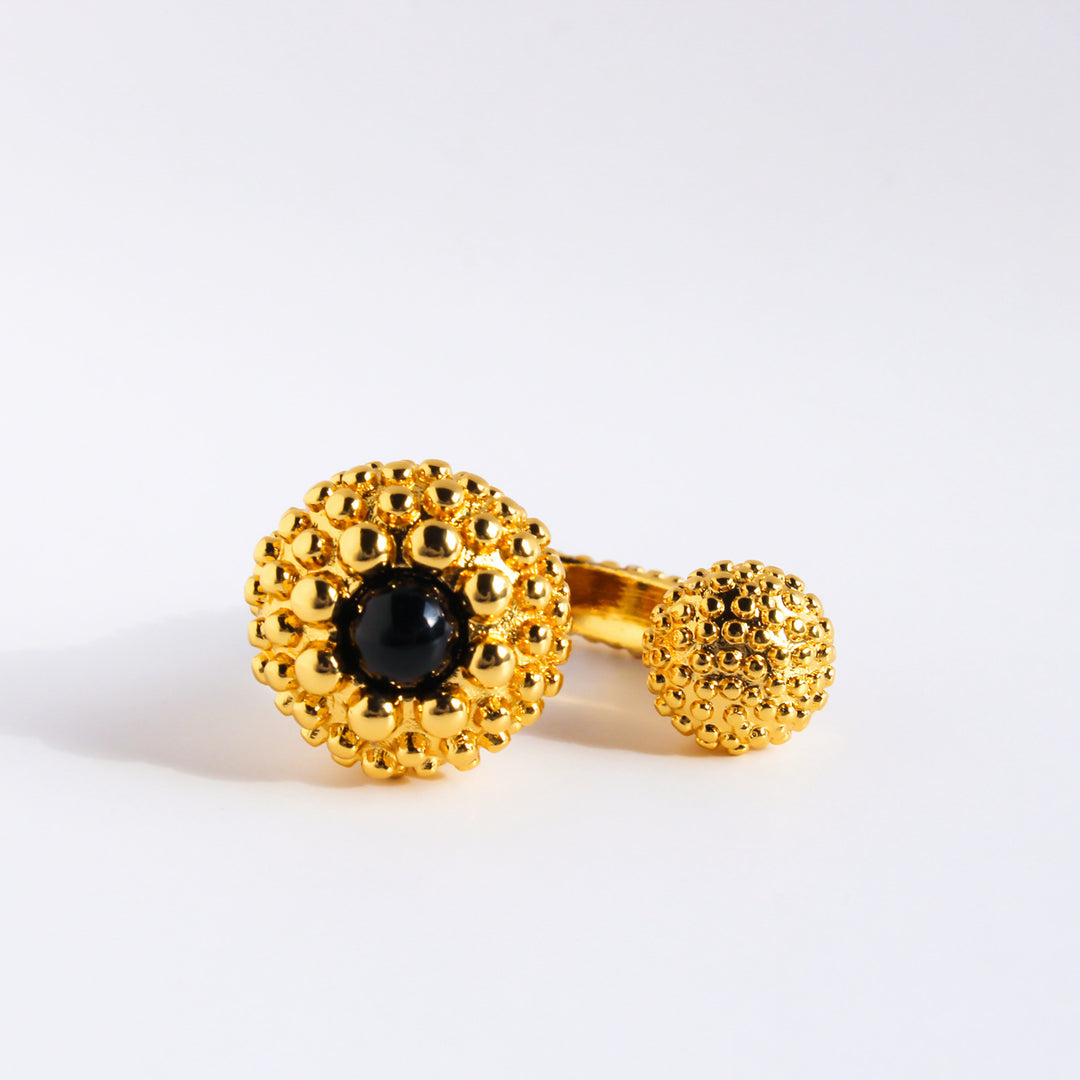 Black Onyx Two Bead Statement Open Ring Vintage Textured Sphere Cocktail Ring