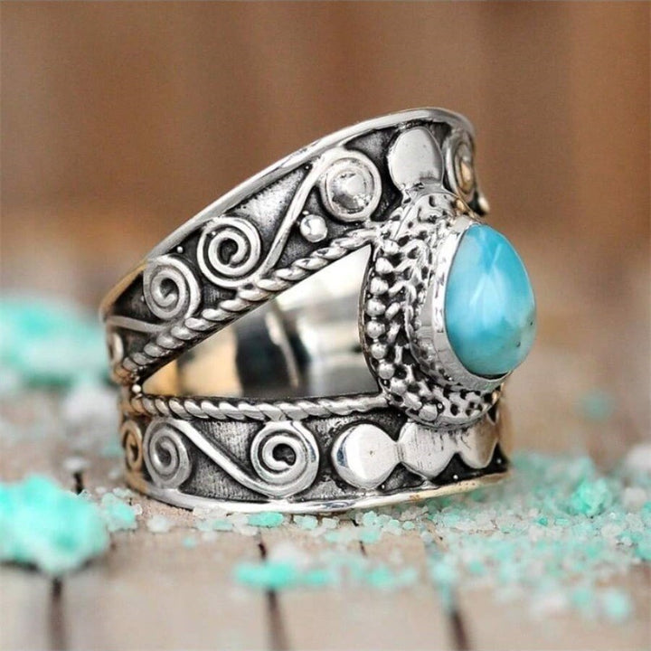 Vintage Ethnic Teardrop Turquoise Sterling Silver Ring Exotic Carved Ring