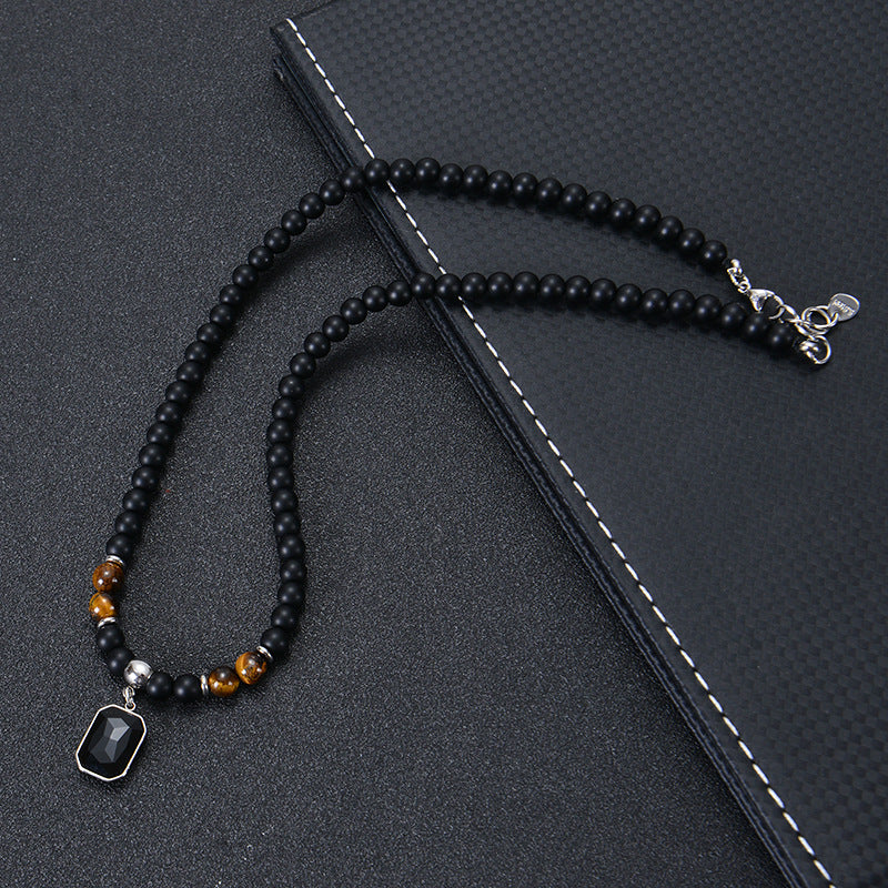 Obsidian & Tiger‑Eye Beaded Necklace Vintage Men’s Geometric Pendant Chain