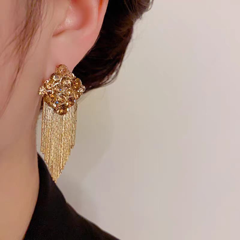 Champagne Diamond Cluster Long Tassel Dangle Earrings For Women