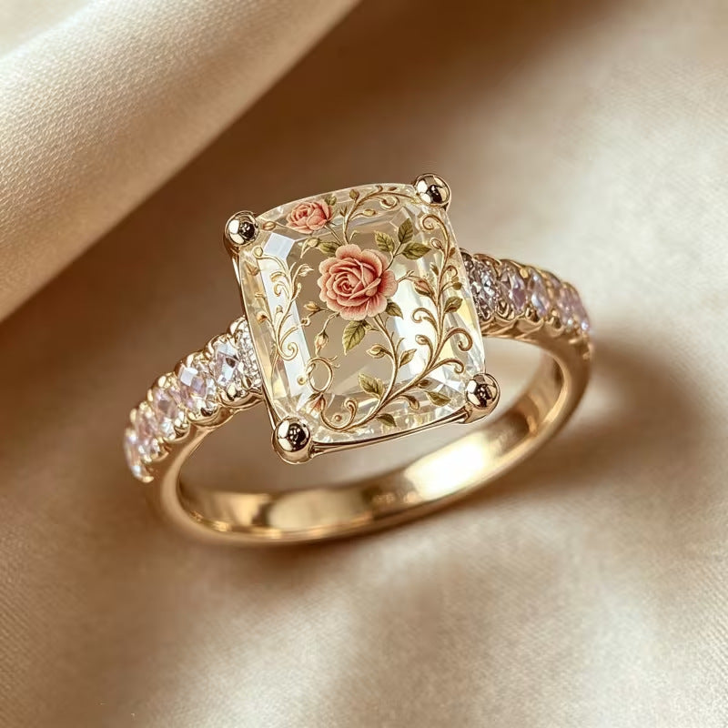 Vintage Rose Inlay Cushion Diamond Ring Women French Romantic Leaf Vine Gold Engagement Ring