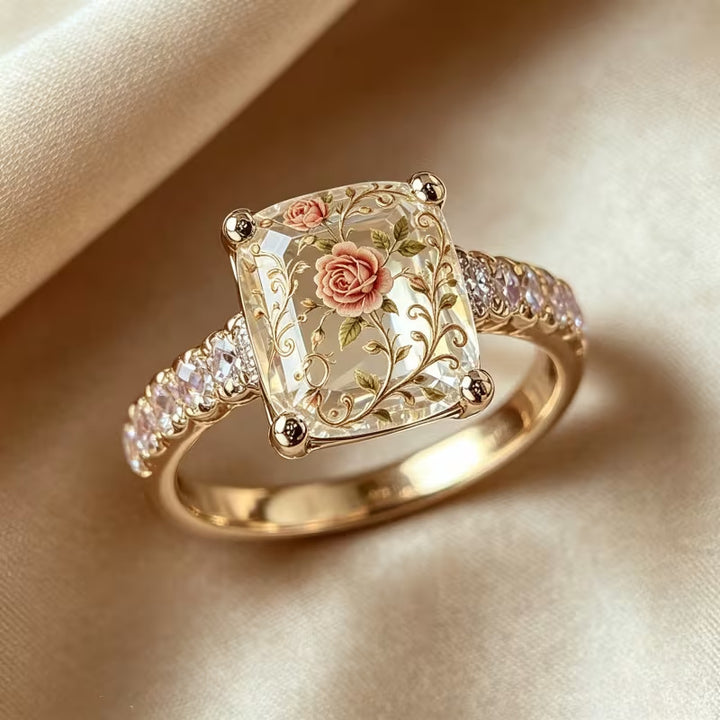 Vintage Rose Inlay Cushion Diamond Ring Women French Romantic Leaf Vine Gold Engagement Ring