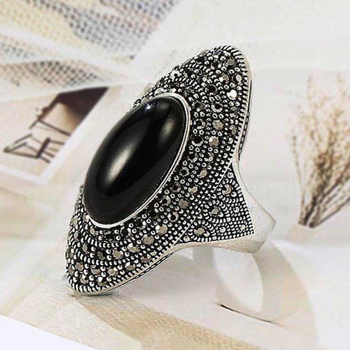 Vintage Oval Black Gemstone Paved Diamond Ring Antique Finish Statement Sterling Silver Ring