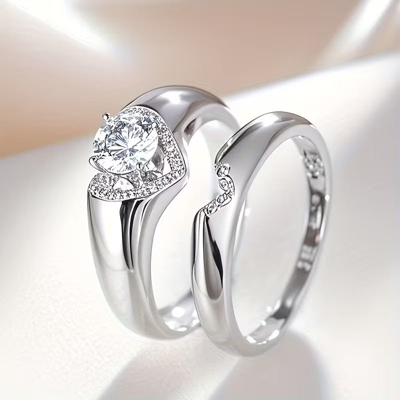 Round Diamond Heart Halo Couple Ring Set Engagement Wedding Promise Bridal Statement Jewelry